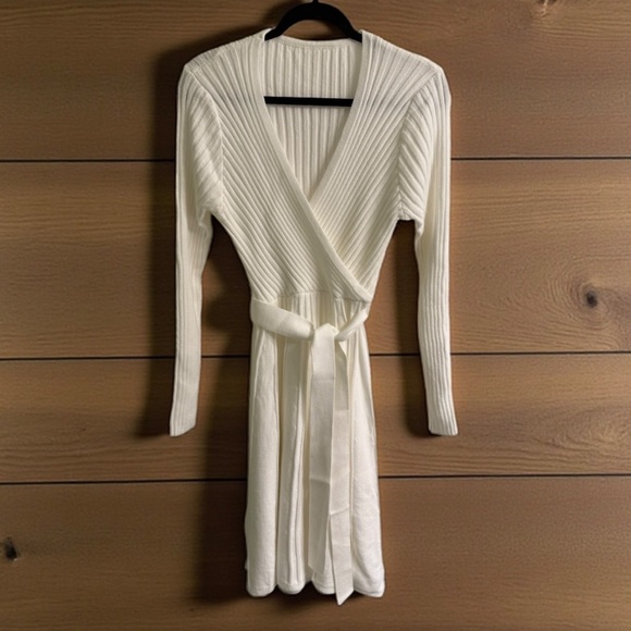 Women’s Long Sleeve Wrap V-Neck Ribbed Knit A line Sweater Dress - Picture 3 of 8